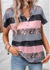 Grey Split Striped Short Sleeve Blouse | thumb picture 