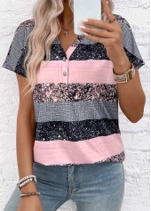 Grey Split Striped Short Sleeve Blouse | thumb picture 