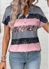 Grey Split Striped Short Sleeve Blouse | thumb picture 