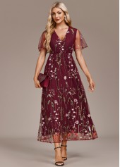 Wine Red Embroidery Short Sleeve V Neck Dress | thumb picture 