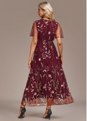 Wine Red Embroidery Short Sleeve V Neck Dress | thumb picture 