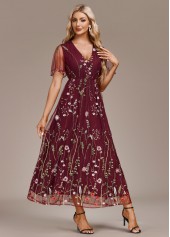 Wine Red Embroidery Short Sleeve V Neck Dress | thumb picture 