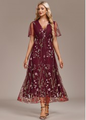 Wine Red Embroidery Short Sleeve V Neck Dress | thumb picture 