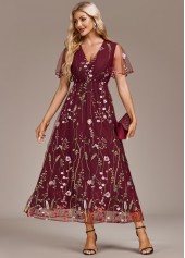 Wine Red Embroidery Short Sleeve V Neck Dress