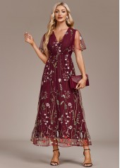 Wine Red Embroidery Short Sleeve V Neck Dress | thumb picture 