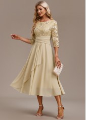 Champagne Embroidery 3/4 Sleeve Round Neck Dress
