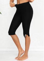 Black Mid Waisted Knee Length Elastic Waist Leggings | thumb picture 