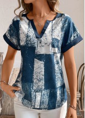 Peacock Blue Split Geometric Print Short Sleeve T Shirt | thumb picture 