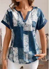 Peacock Blue Split Geometric Print Short Sleeve T Shirt | thumb picture 