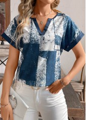 Peacock Blue Split Geometric Print Short Sleeve T Shirt | thumb picture 