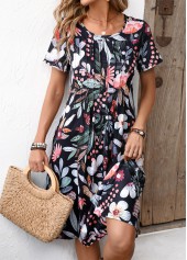 Black Pocket Floral Print Short Sleeve Round Neck Dress