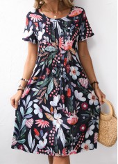 Black Pocket Floral Print Short Sleeve Round Neck Dress | thumb picture 