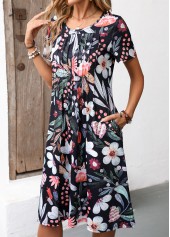 Black Pocket Floral Print Short Sleeve Round Neck Dress | thumb picture 