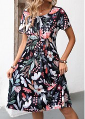 Black Pocket Floral Print Short Sleeve Round Neck Dress | thumb picture 