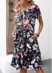 Black Pocket Floral Print Short Sleeve Round Neck Dress | thumb picture 