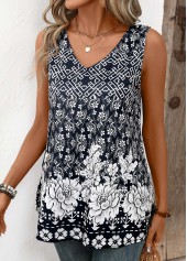 Navy Lightweight Random Floral Print Sleeveless Tank Top | thumb picture 
