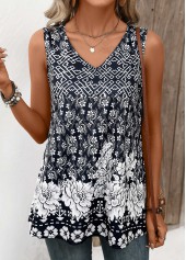 Navy Lightweight Random Floral Print Sleeveless Tank Top