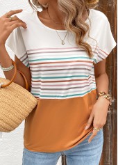 Terracotta Striped Short Sleeve Round Neck T Shirt