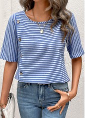 Blue Button Striped Short Sleeve Round Neck Blouse | thumb picture 