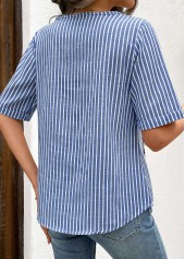 Blue Button Striped Short Sleeve Round Neck Blouse | thumb picture 