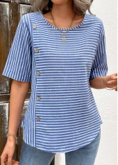 Blue Button Striped Short Sleeve Round Neck Blouse | thumb picture 