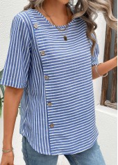 Blue Button Striped Short Sleeve Round Neck Blouse | thumb picture 