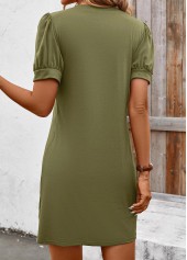 Olive Green Tuck Stitch Short Split Neck Dress | thumb picture 