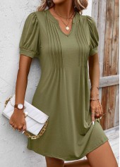 Olive Green Tuck Stitch Short Split Neck Dress | thumb picture 