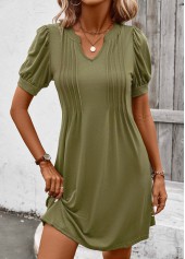 Olive Green Tuck Stitch Short Split Neck Dress | thumb picture 