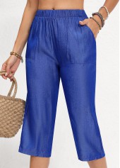Denim Blue Double Side Pockets Elastic Waist Pants