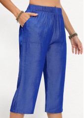 Denim Blue Double Side Pockets Elastic Waist Pants