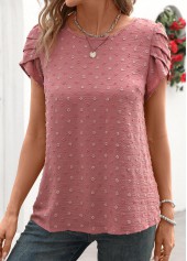 Dark Reddish Purple Jacquard Short Sleeve Round Neck Blouse