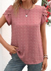 Dark Reddish Purple Jacquard Short Sleeve Round Neck Blouse | thumb picture 