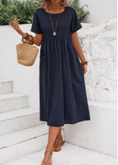 Navy Tuck Stitch Short Sleeve Round Neck Dress