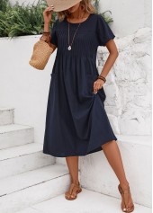 Navy Tuck Stitch Short Sleeve Round Neck Dress | thumb picture 