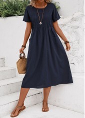 Navy Tuck Stitch Short Sleeve Round Neck Dress | thumb picture 