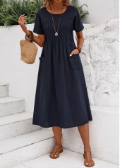 Navy Tuck Stitch Short Sleeve Round Neck Dress | thumb picture 