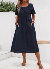 Navy Tuck Stitch Short Sleeve Round Neck Dress | thumb picture 