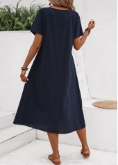 Navy Tuck Stitch Short Sleeve Round Neck Dress | thumb picture 