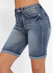 Denim Blue Pocket Skinny Button Fly High Waisted Shorts