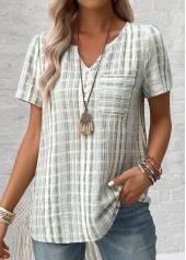Light Green Split Striped Short Sleeve Blouse
