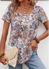 Light Coffee Button Tribal Print Short Sleeve T Shirt | thumb picture 