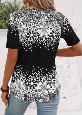 Black Floral Print Short Sleeve Asymmetrical Neck T Shirt | thumb picture 