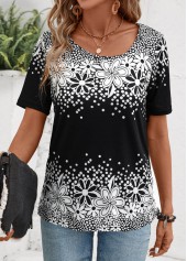 Black Floral Print Short Sleeve Asymmetrical Neck T Shirt | thumb picture 