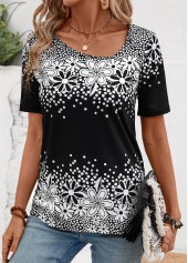 Black Floral Print Short Sleeve Asymmetrical Neck T Shirt | thumb picture 