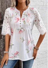 White Tuck Stitch Floral Print Half Sleeve T Shirt | thumb picture 