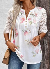 White Tuck Stitch Floral Print Half Sleeve T Shirt