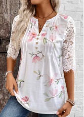 White Tuck Stitch Floral Print Half Sleeve T Shirt | thumb picture 