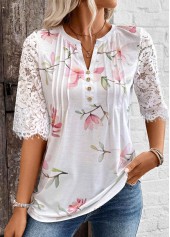 White Tuck Stitch Floral Print Half Sleeve T Shirt | thumb picture 