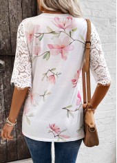 White Tuck Stitch Floral Print Half Sleeve T Shirt | thumb picture 